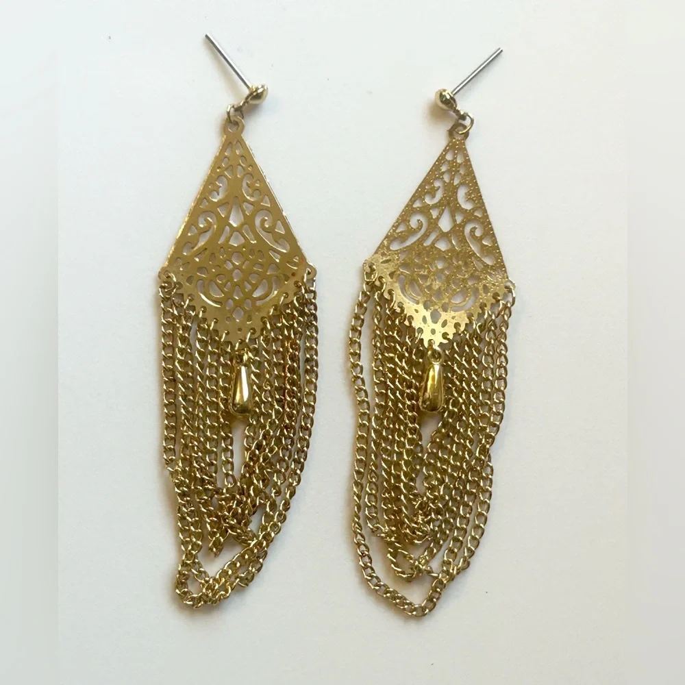 Vintage Gold Filigree Fringe Chandelier Earrings Boho Statement Gold Earrings - Picture 3 of 5